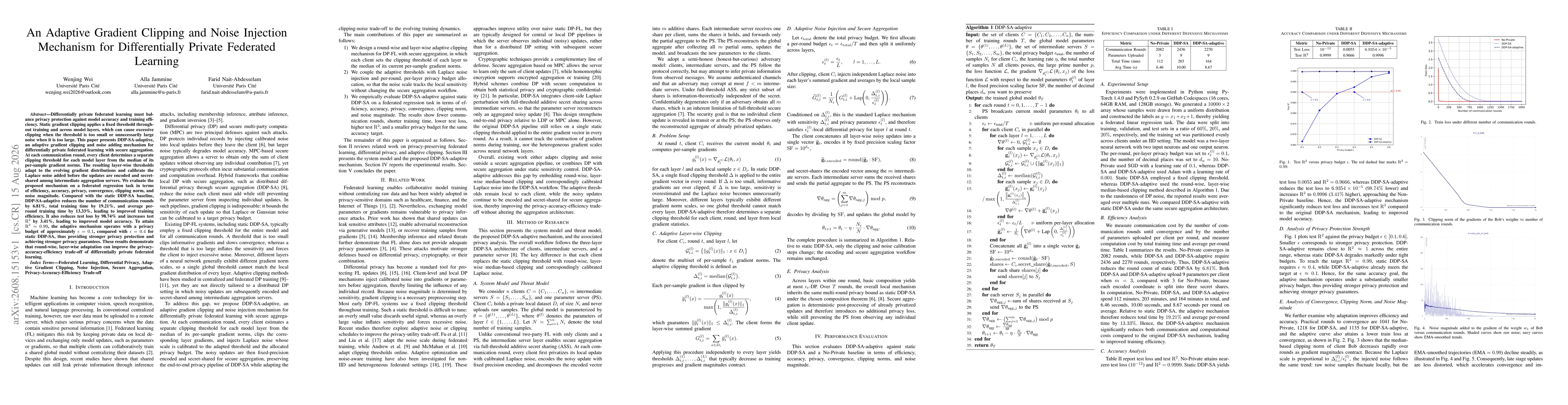 Thumbnail for An Adaptive Gradient Clipping and Noise Injection Mechanism for Differentially Private Federated Learning
