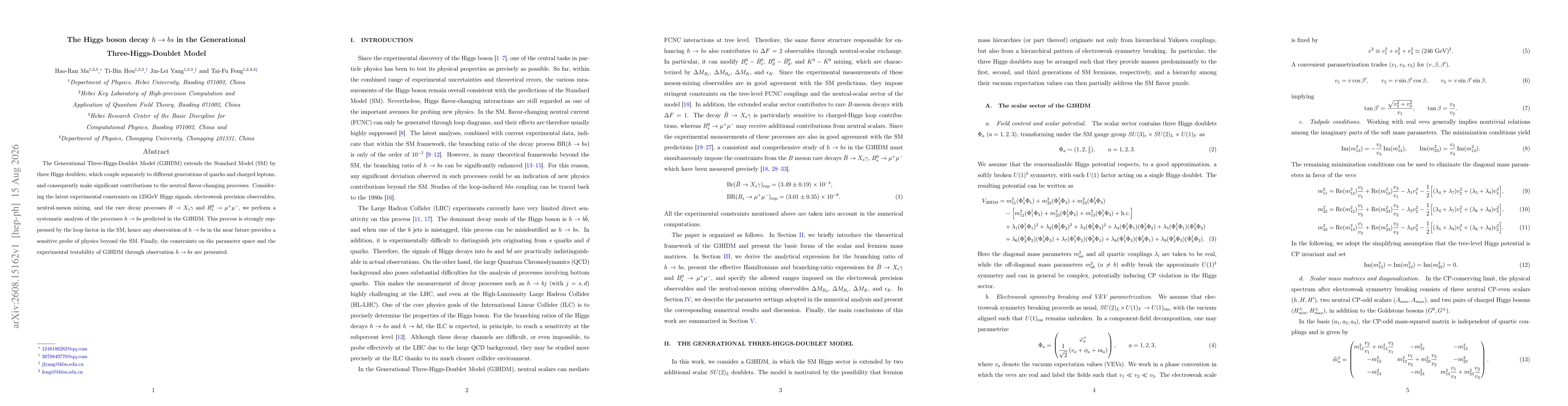 Thumbnail for The Higgs boson decay $h \to bs$ in the Generational Three-Higgs-Doublet Model
