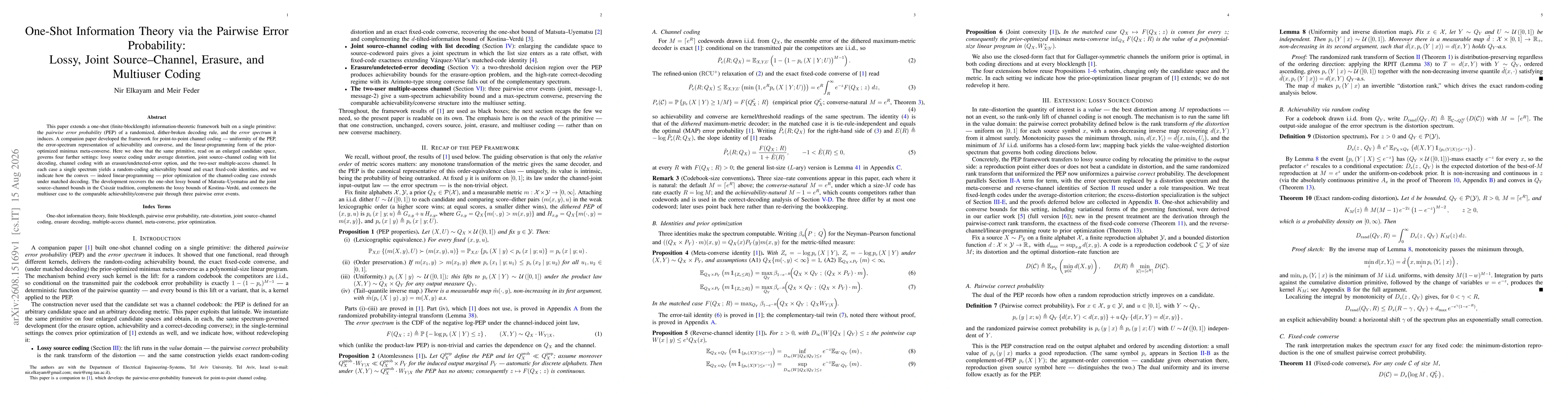 Thumbnail for One-Shot Information Theory via the Pairwise Error Probability: Lossy, Joint Source-Channel, Erasure, and Multiuser Coding