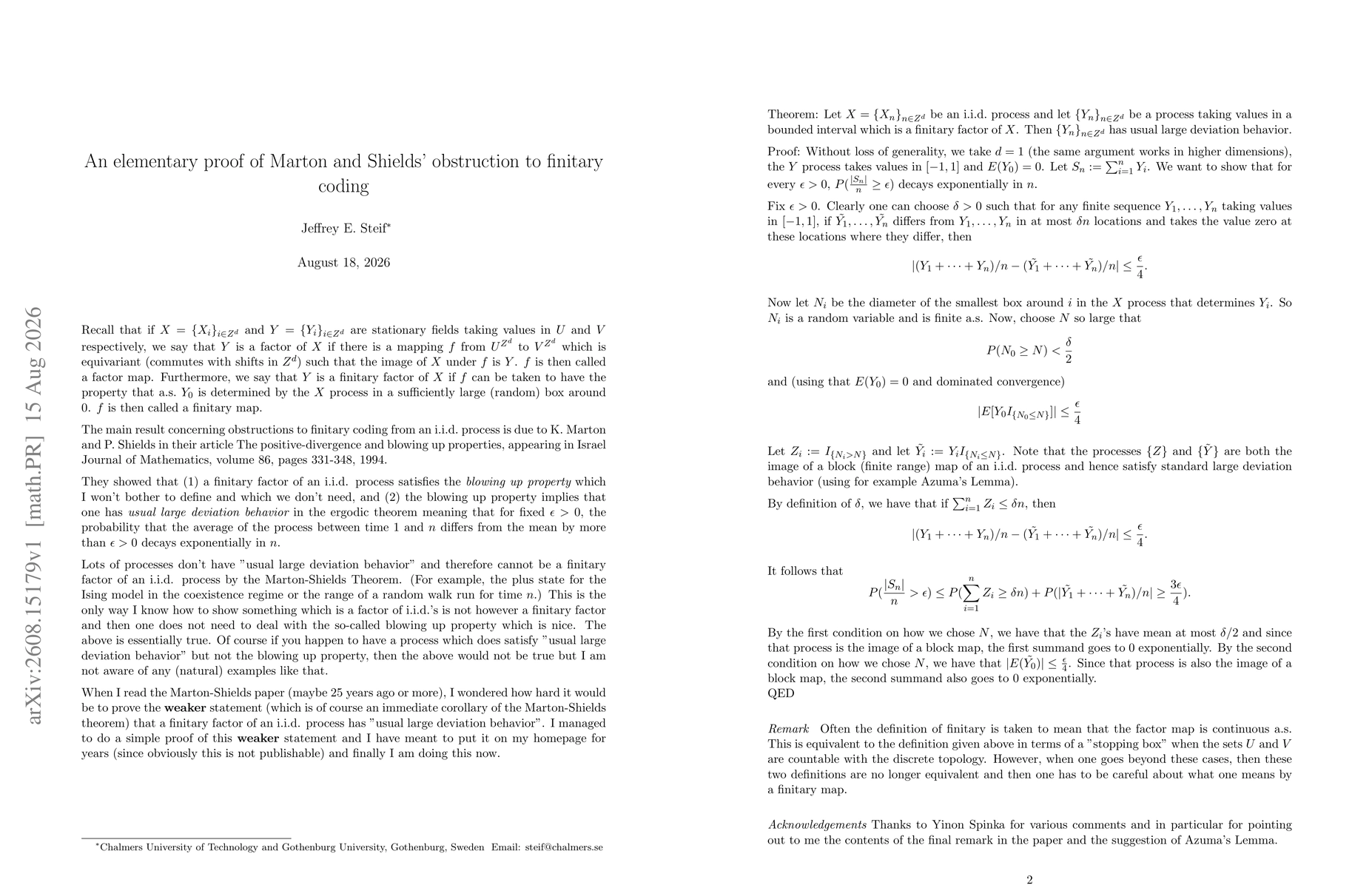 Thumbnail for An elementary proof of Marton and Shields' obstruction to finitary coding