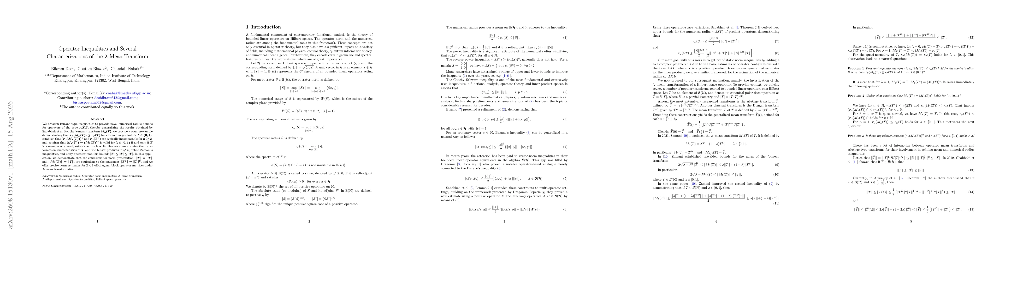 Thumbnail for Operator Inequalities and Several Characterizations of the $λ$-Mean Transform