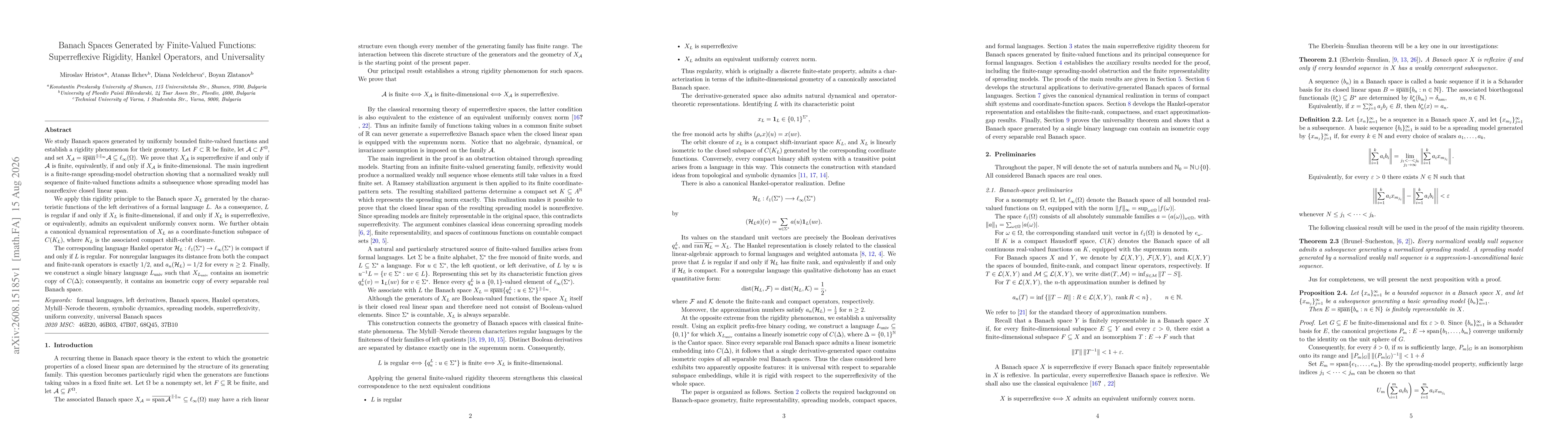 Thumbnail for Banach Spaces Generated by Finite-Valued Functions: Superreflexive Rigidity, Hankel Operators, and Universality