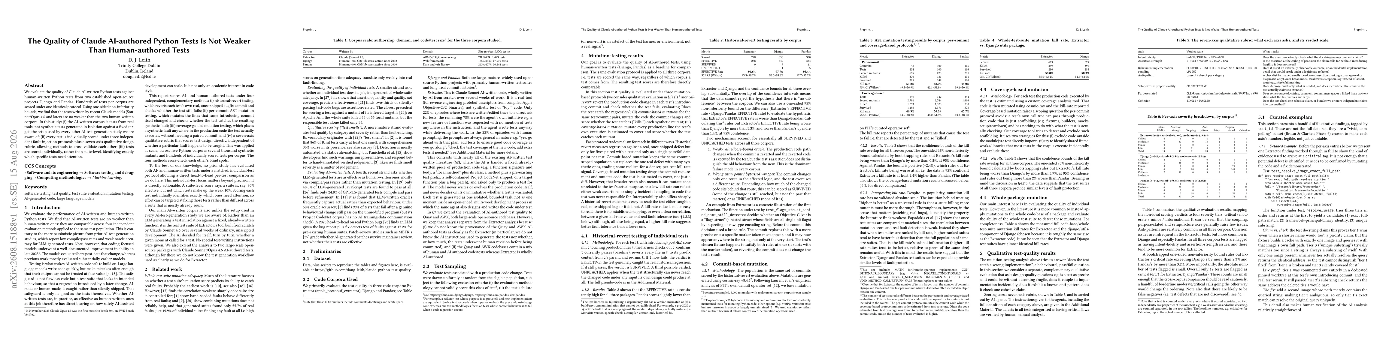 Thumbnail for The Quality of Claude AI-authored Python Tests Is Not Weaker Than Human-authored Tests