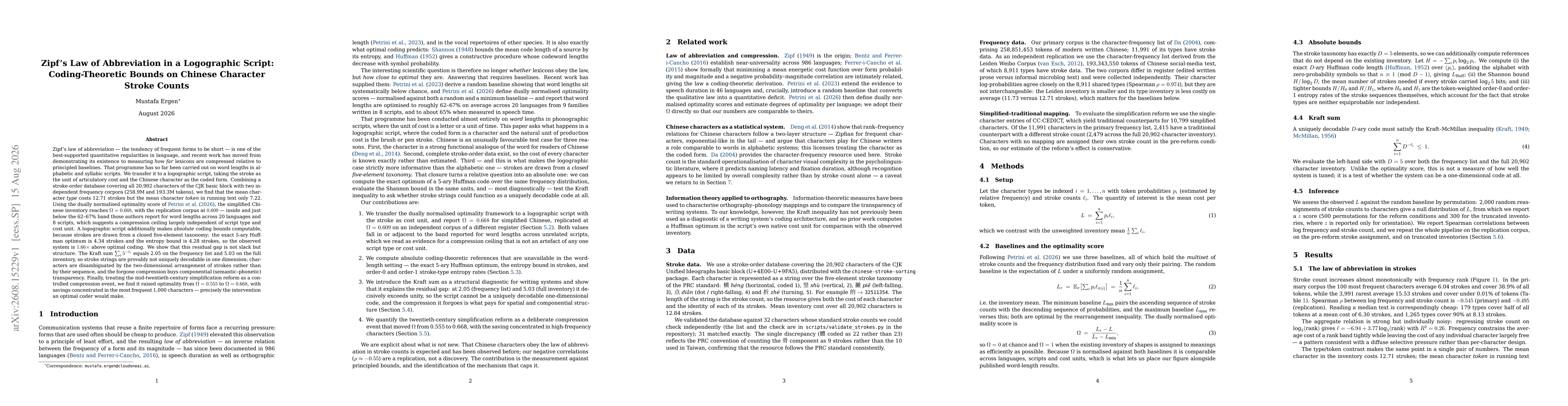 Thumbnail for Zipf's Law of Abbreviation in a Logographic Script: Coding-Theoretic Bounds on Chinese Character Stroke Counts