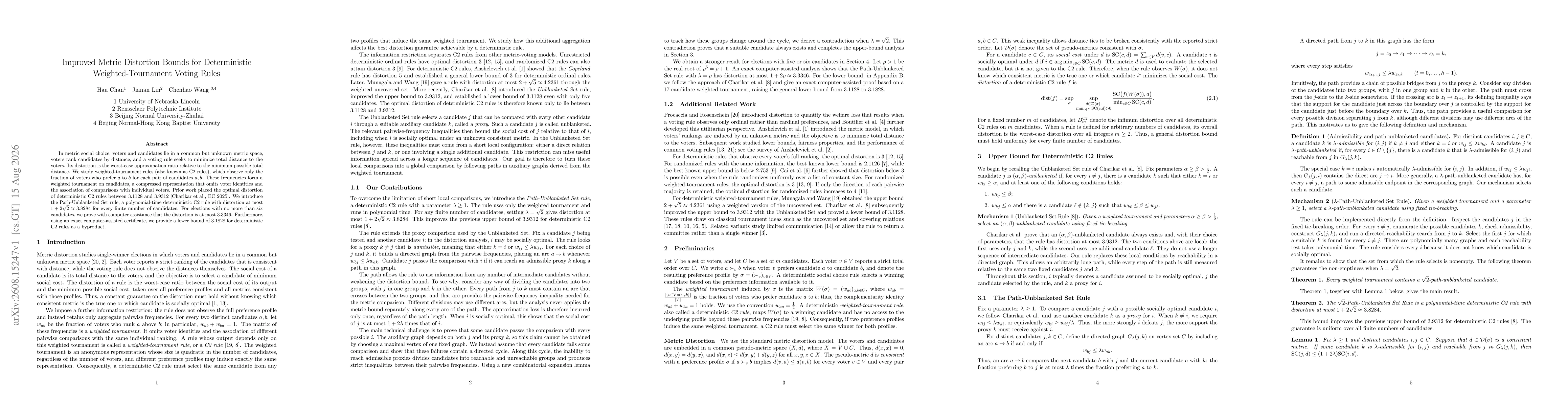 Thumbnail for Improved Metric Distortion Bounds for Deterministic Weighted-Tournament Voting Rules
