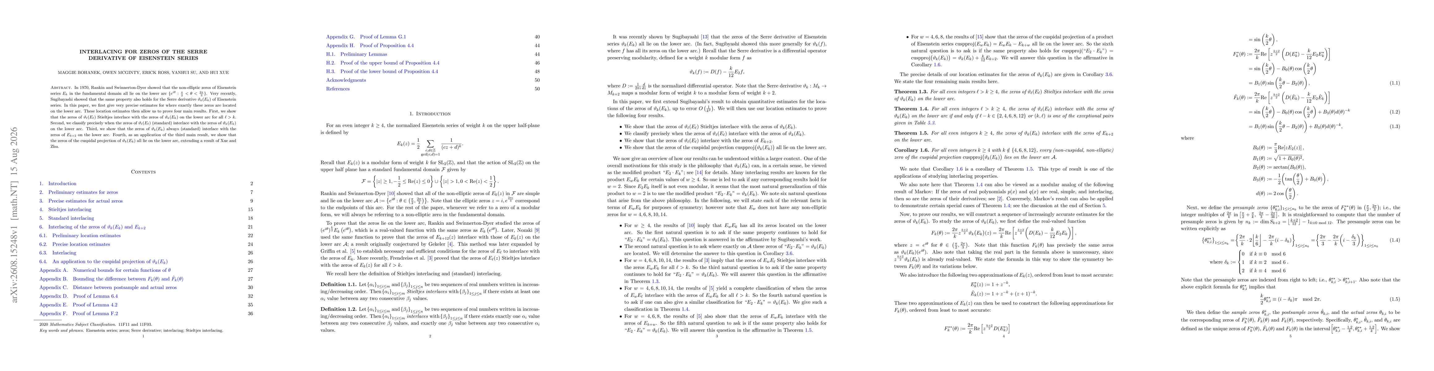 Thumbnail for Interlacing for zeros of the Serre derivative of Eisenstein series