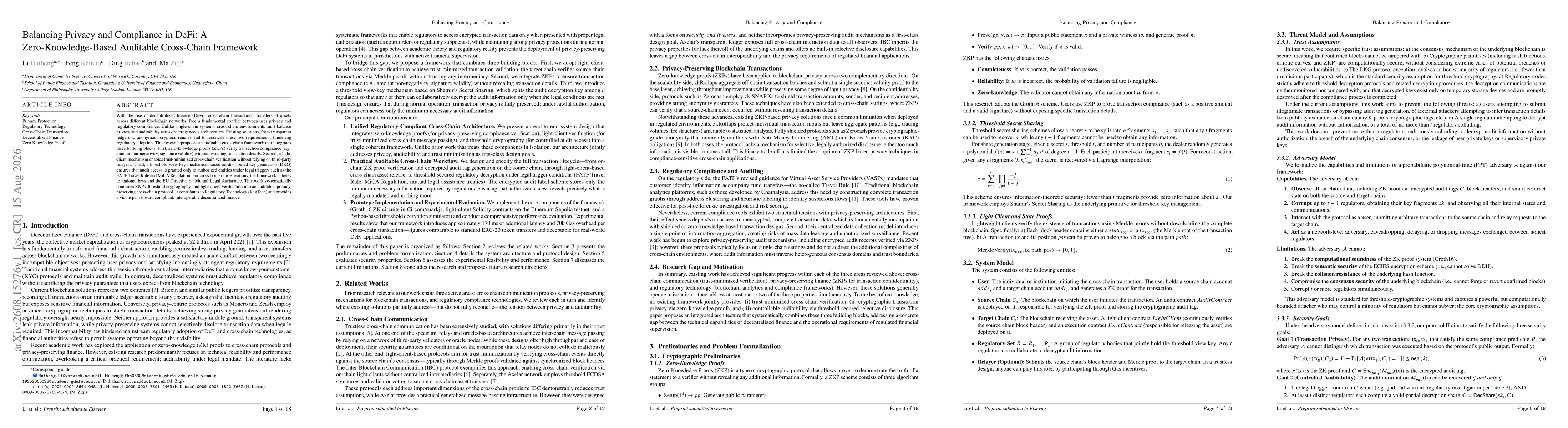 Thumbnail for Balancing Privacy and Compliance in DeFi: A Zero-Knowledge-Based Auditable Cross-Chain Framework