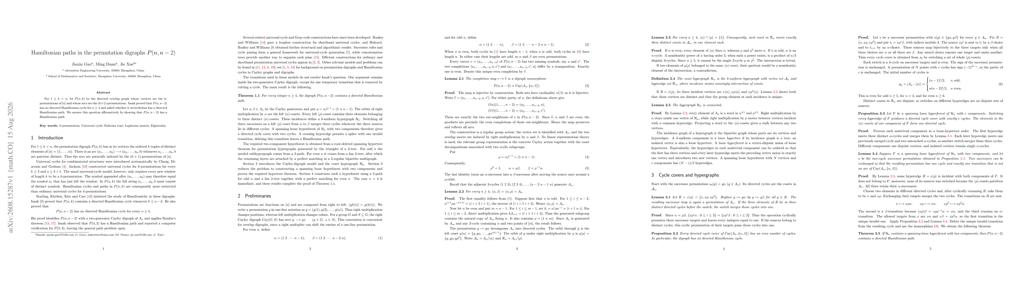 Thumbnail for Hamiltonian paths in the permutation digraphs $P(n,n-2)$