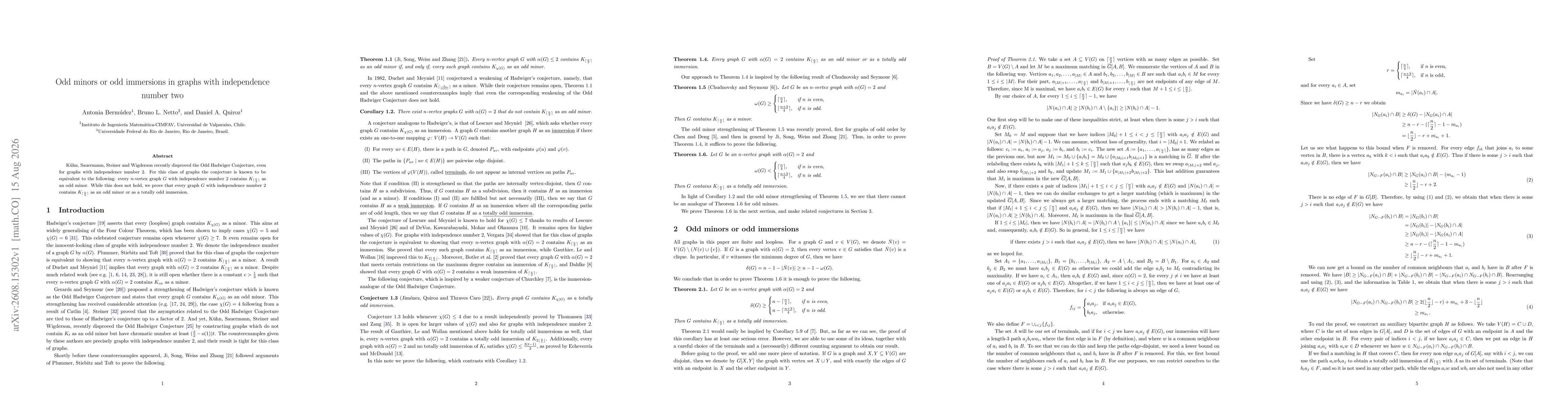 Thumbnail for Odd minors or odd immersions in graphs with independence number two