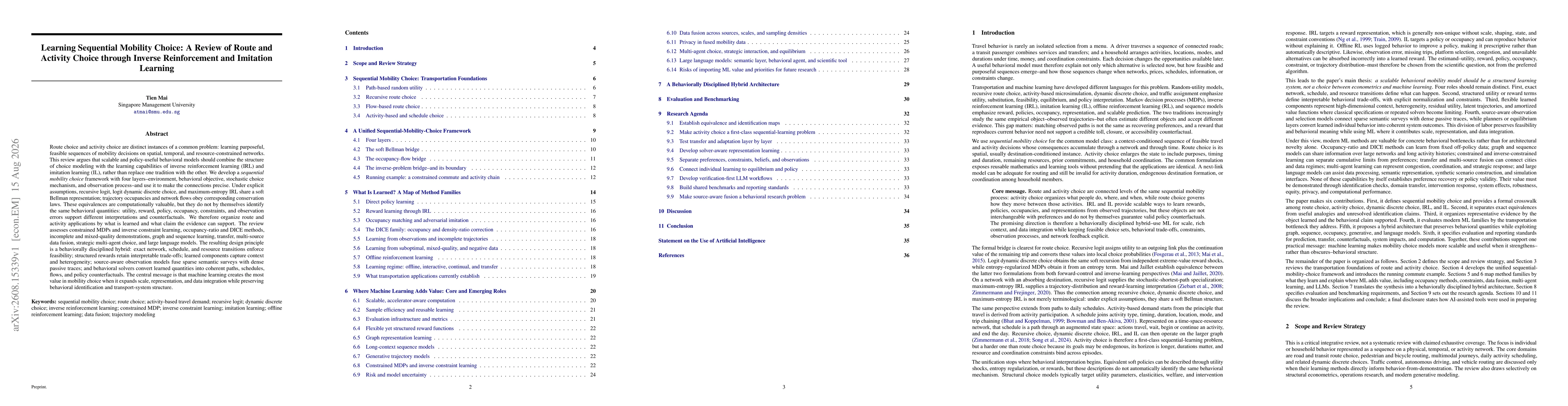 Thumbnail for Learning Sequential Mobility Choice: A Review of Route and Activity Choice through Inverse Reinforcement and Imitation Learning