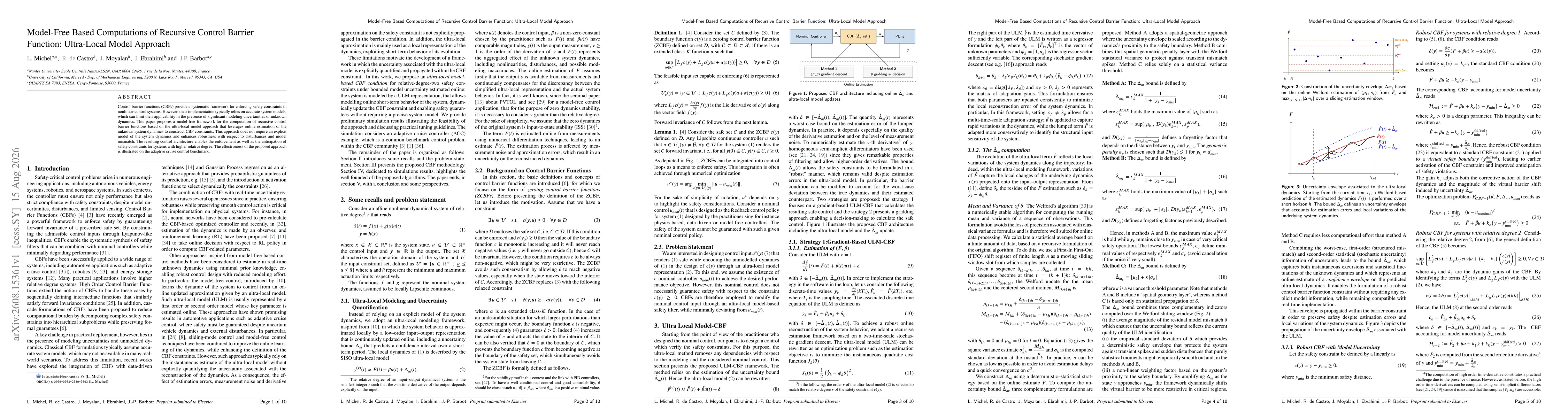 Thumbnail for Model-Free Based Computations of Recursive Control Barrier Function: Ultra-Local Model Approach