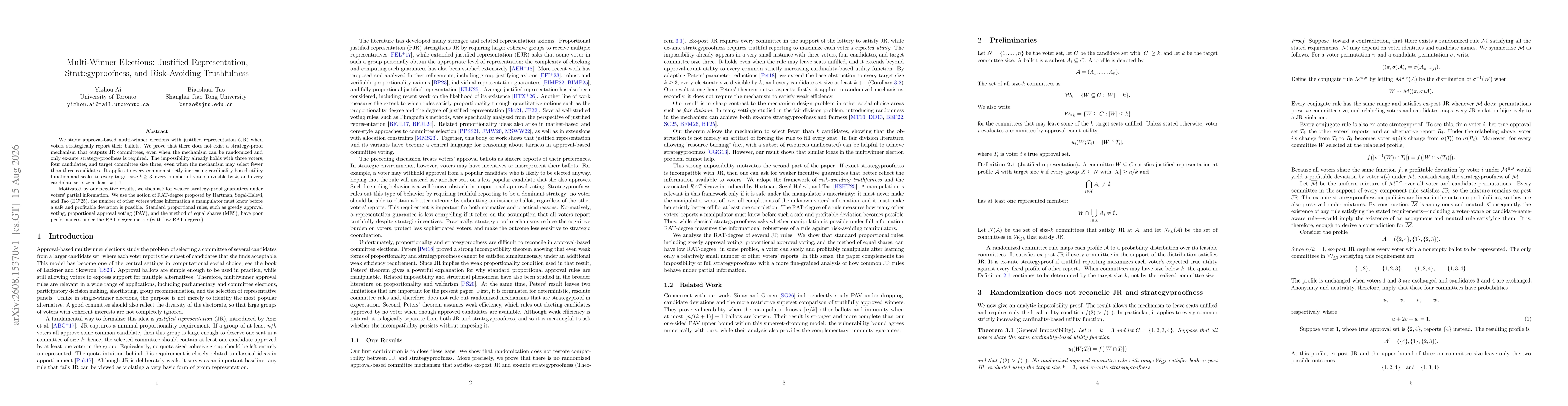 Thumbnail for Multi-Winner Elections: Justified Representation, Strategyproofness, and Risk-Avoiding Truthfulness