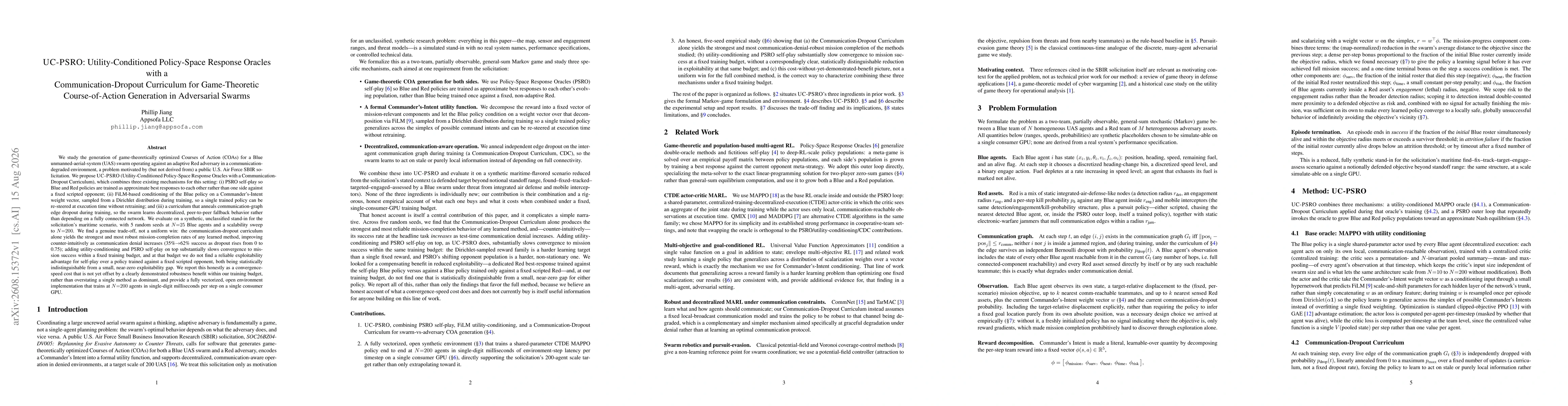 Thumbnail for UC-PSRO: Utility-Conditioned Policy-Space Response Oracles with a Communication-Dropout Curriculum for Game-Theoretic Course-of-Action Generation in Adversarial Swarms