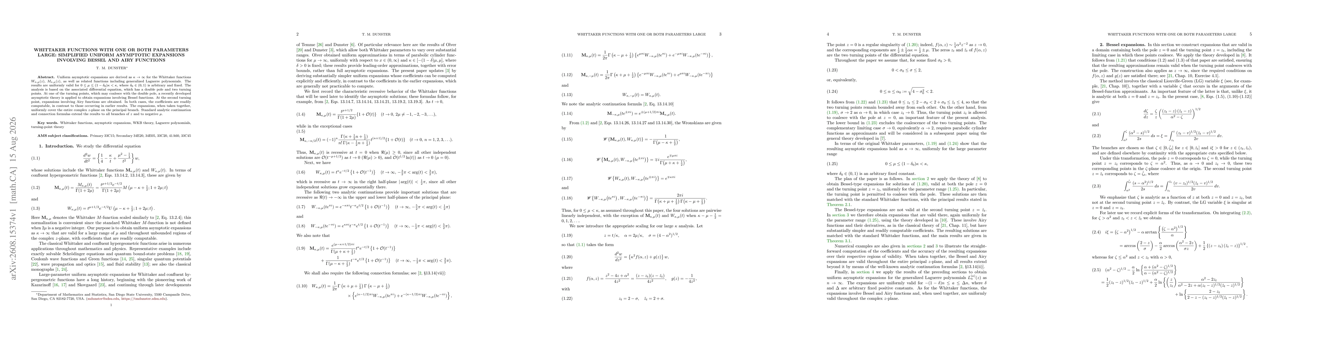 Thumbnail for Whittaker functions with one or both parameters large: simplified uniform asymptotic expansions involving Bessel and Airy functions