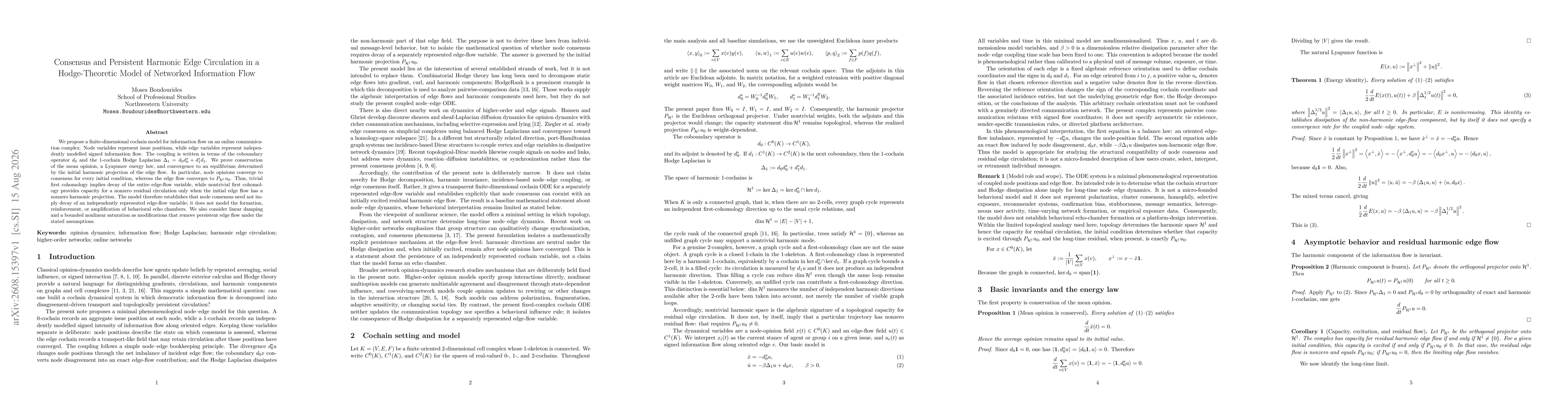 Thumbnail for Consensus and Persistent Harmonic Edge Circulation in a Hodge-Theoretic Model of Networked Information Flow