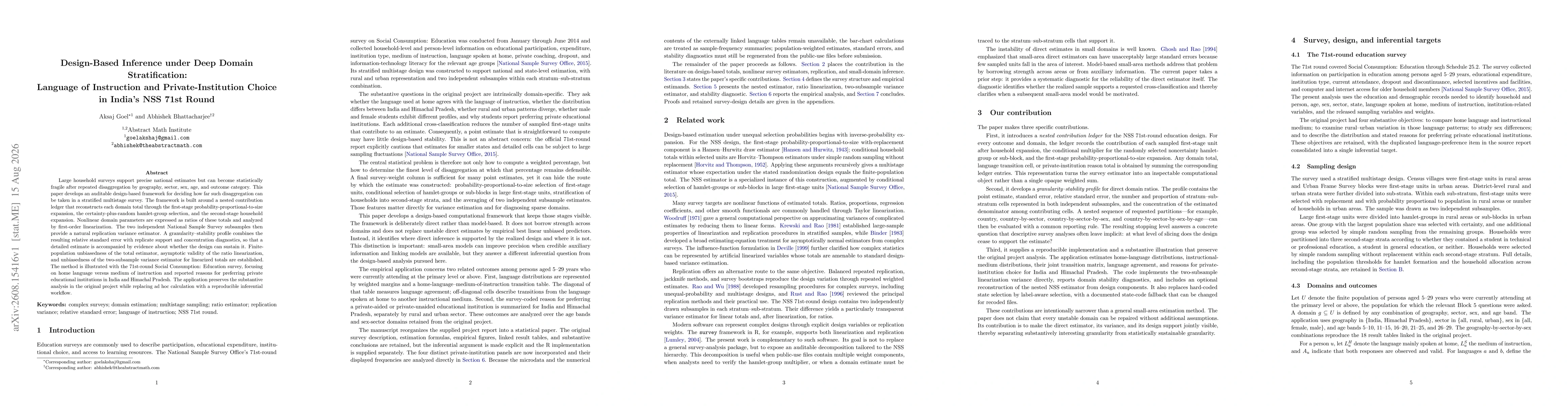 Thumbnail for Design-Based Inference under Deep Domain Stratification: Language of Instruction and Private-Institution Choice in India's NSS 71st Round