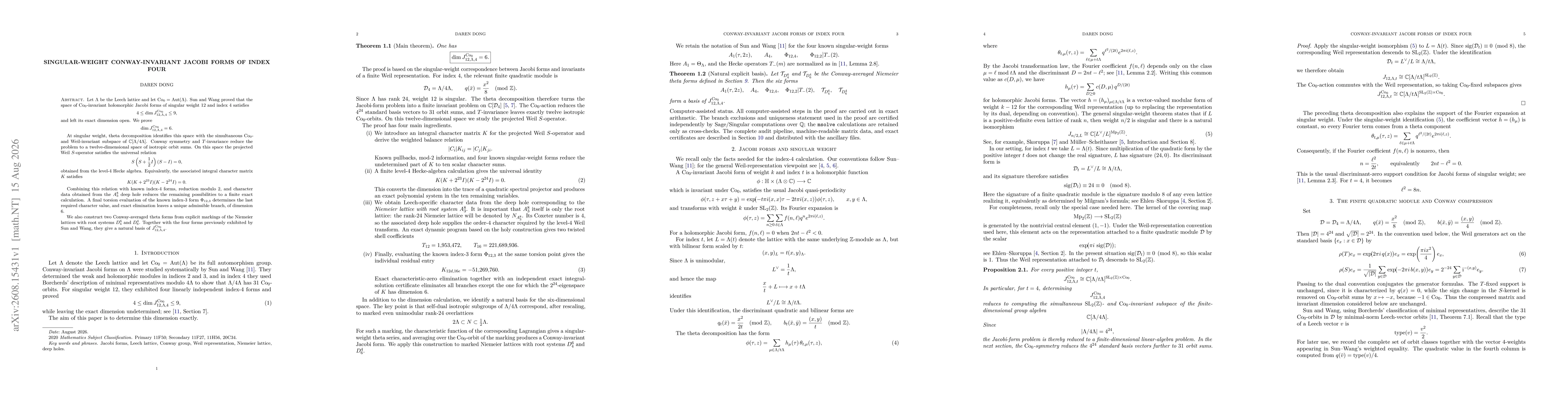 Thumbnail for Singular-weight Conway-invariant Jacobi forms of index four