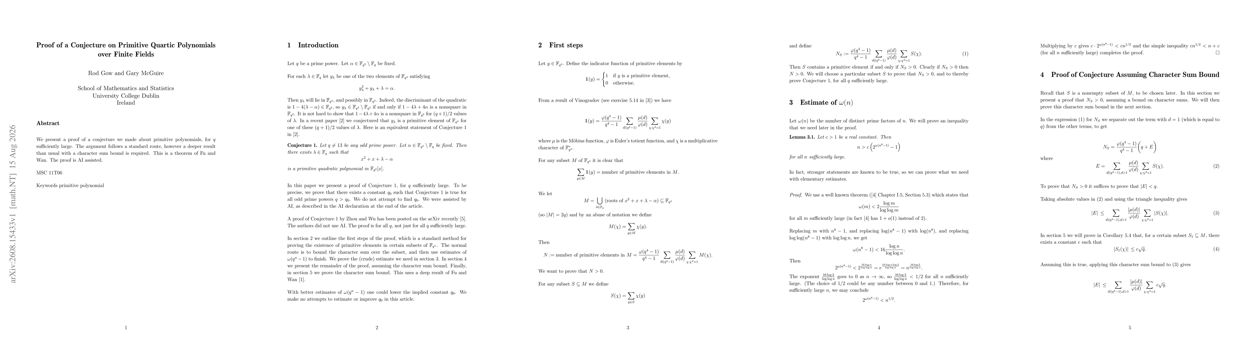 Thumbnail for Proof of a Conjecture on Primitive Quartic Polynomials over Finite Fields