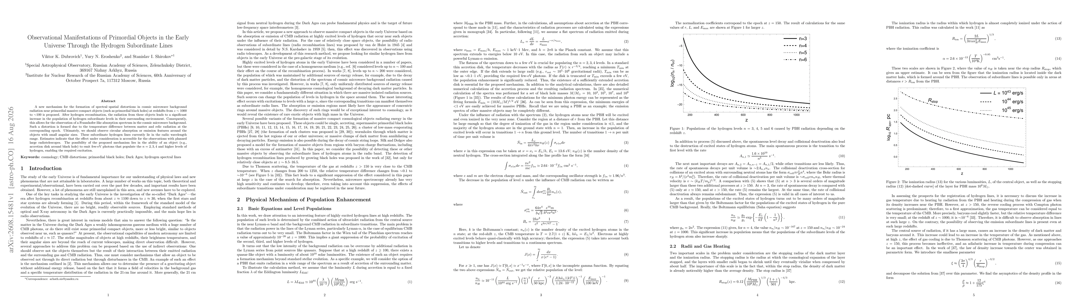 Thumbnail for Observational Manifestations of Primordial Objects in the Early Universe Through the Hydrogen Subordinate Lines