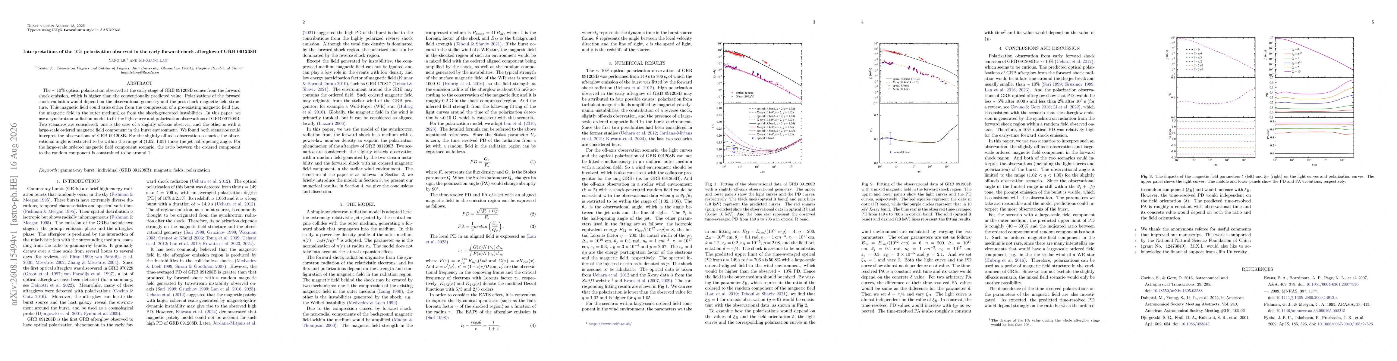 Thumbnail for Interpretations of the $10\%$ polarization observed in the early forward-shock afterglow of GRB 091208