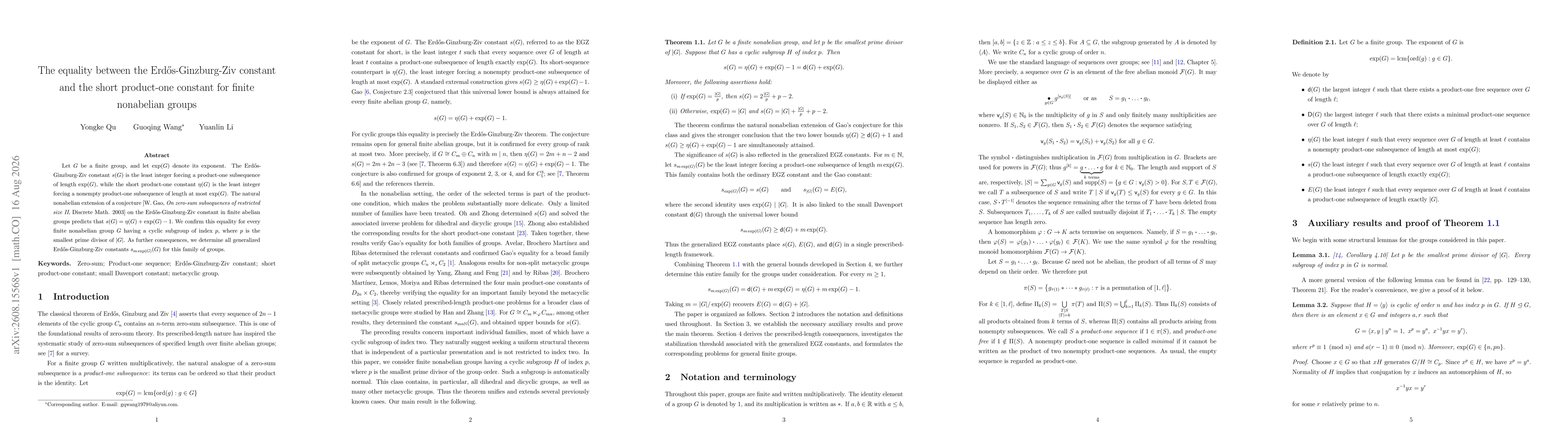 Thumbnail for The equality between the Erdős-Ginzburg-Ziv constant and the short product-one constant for finite nonabelian groups