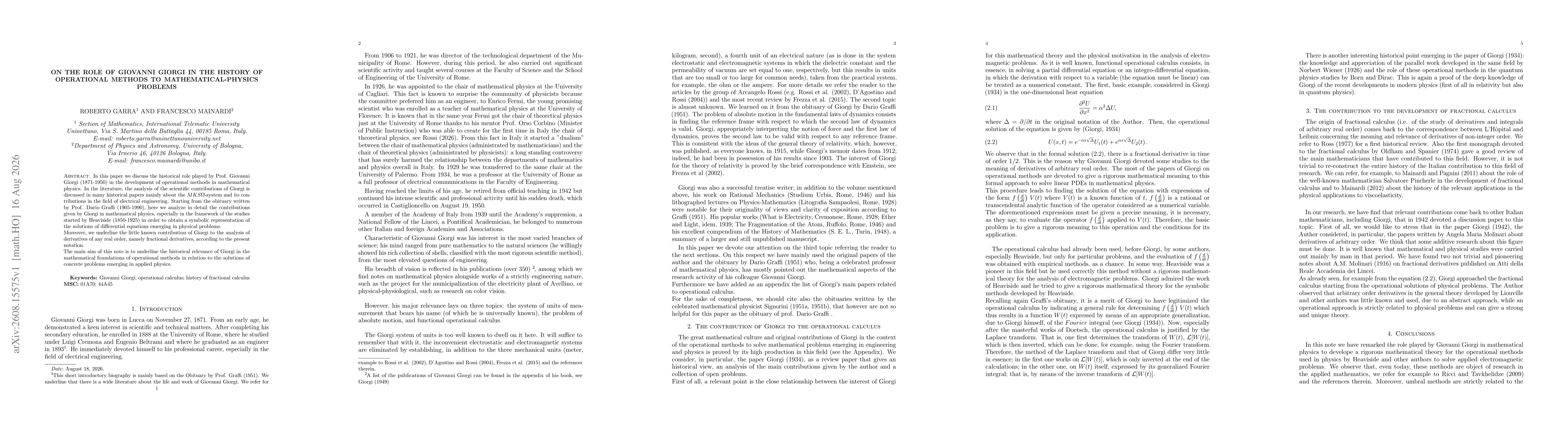 Thumbnail for On the role of Giovanni Giorgi in the history of operational methods to mathematical-physics problems
