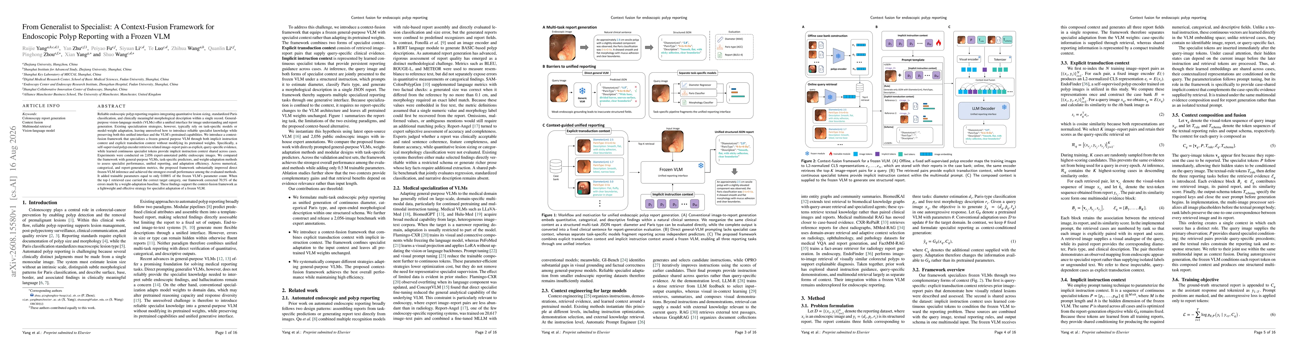 Thumbnail for From Generalist to Specialist: A Context-Fusion Framework for Endoscopic Polyp Reporting with a Frozen VLM