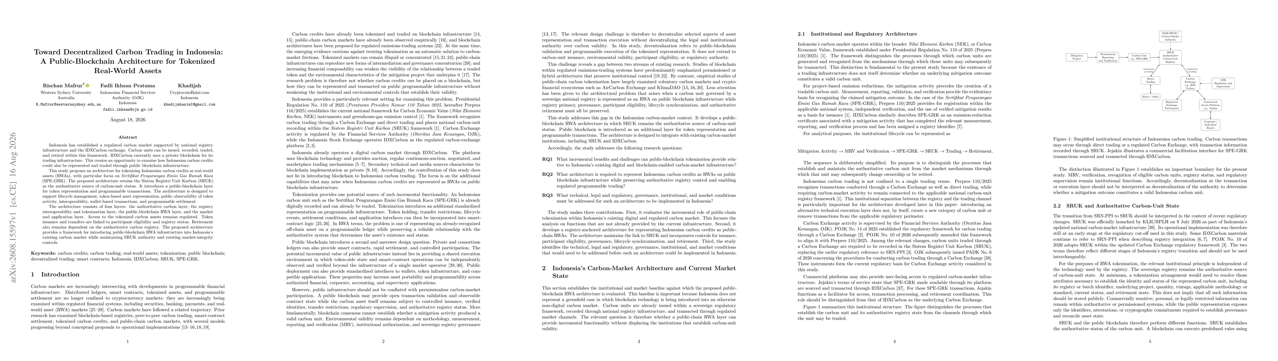 Thumbnail for Toward Decentralized Carbon Trading in Indonesia: A Public-Blockchain Architecture for Tokenized Real-World Assets