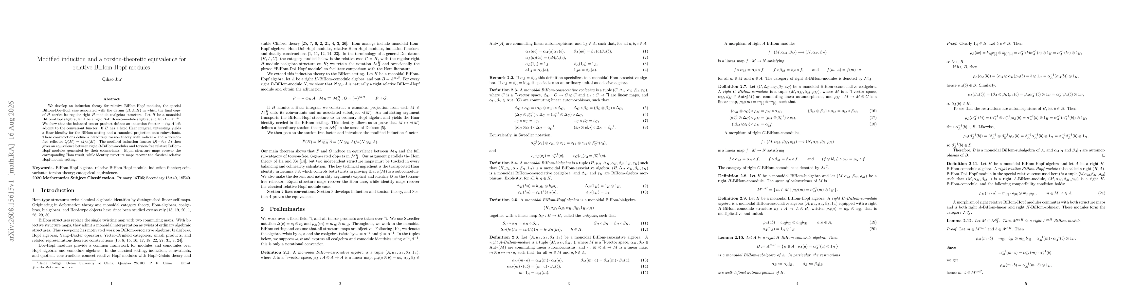 Thumbnail for Modified induction and a torsion-theoretic equivalence for relative BiHom-Hopf modules
