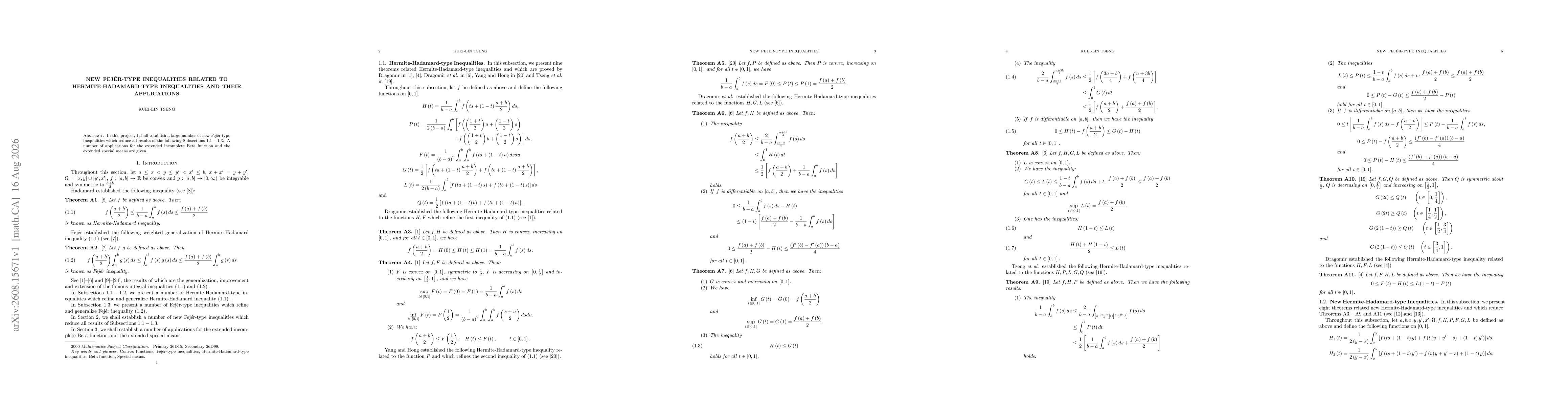 Thumbnail for New Fejér-type Inequalities Related to Hermite-Hadamard-type Inequalities and Their Applications