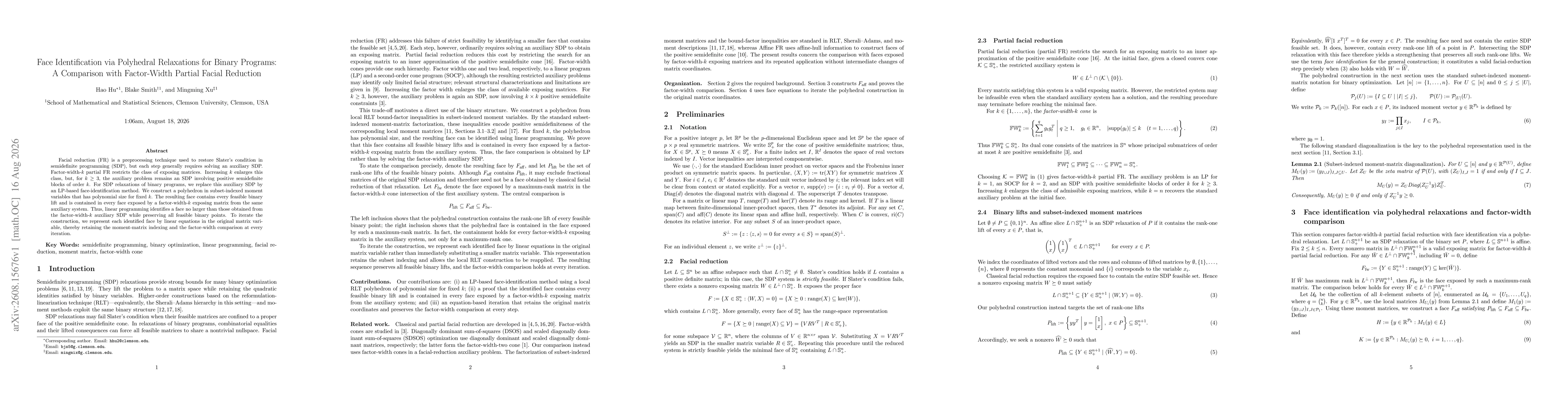 Thumbnail for Face Identification via Polyhedral Relaxations for Binary Programs: A Comparison with Factor-Width Partial Facial Reduction