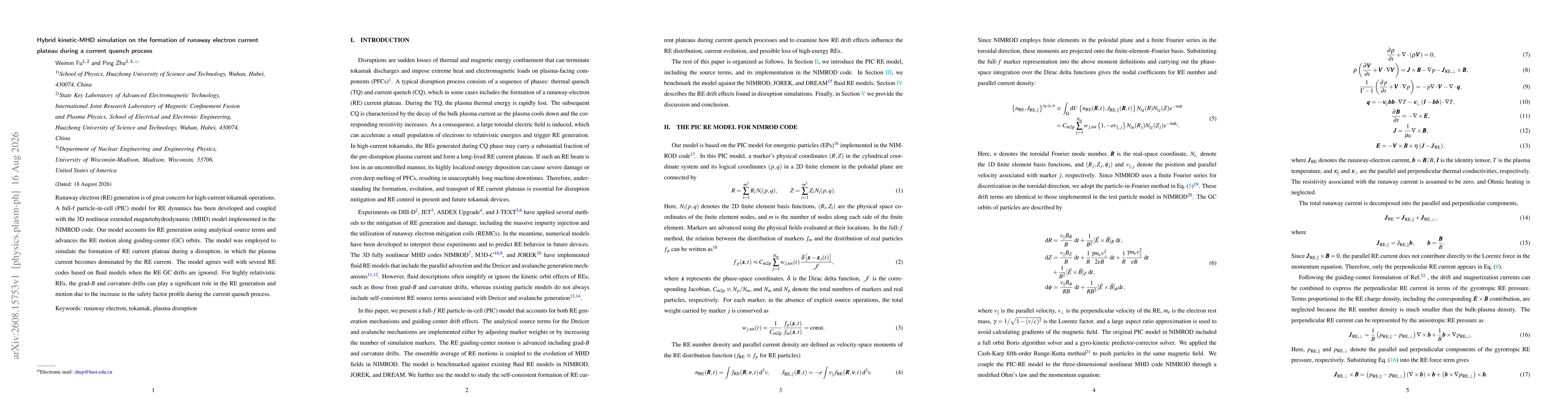 Thumbnail for Hybrid kinetic-MHD simulation on the formation of runaway electron current plateau during a current quench process