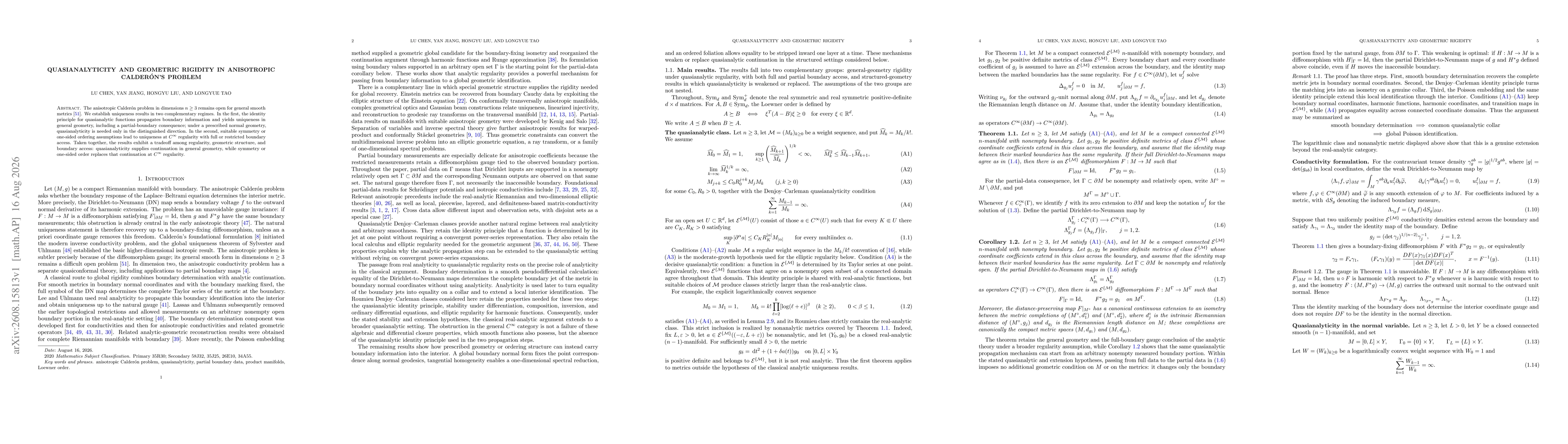 Thumbnail for Quasianalyticity and geometric rigidity in anisotropic Calderón's problem