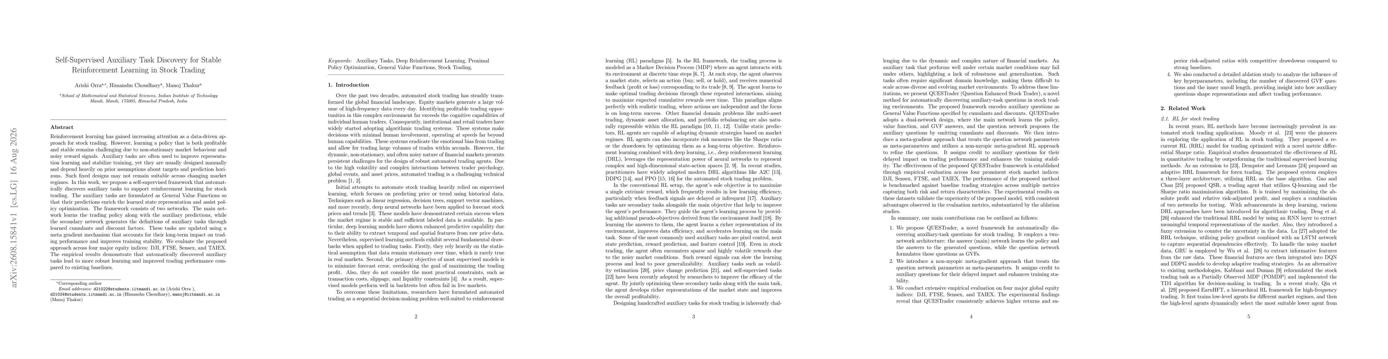 Thumbnail for Self-Supervised Auxiliary Task Discovery for Stable Reinforcement Learning in Stock Trading
