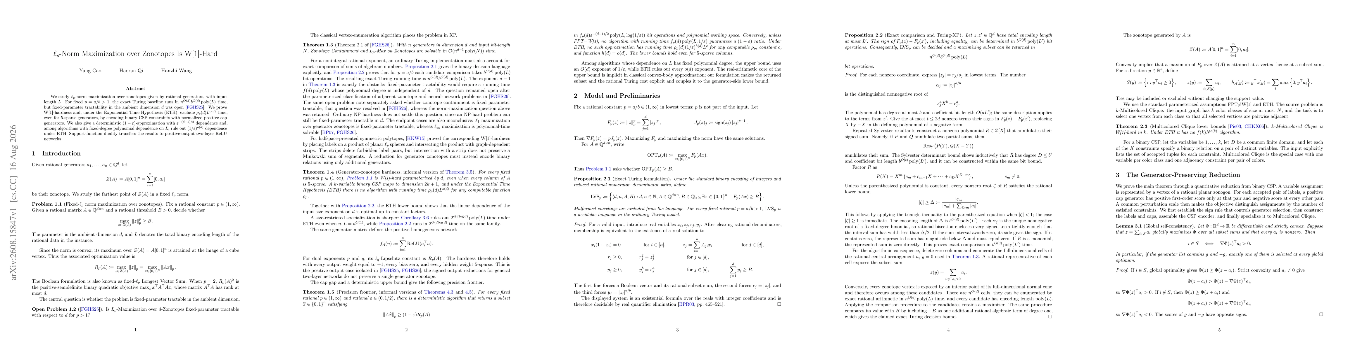 Thumbnail for $\ell_p$-Norm Maximization over Zonotopes Is W[1]-Hard