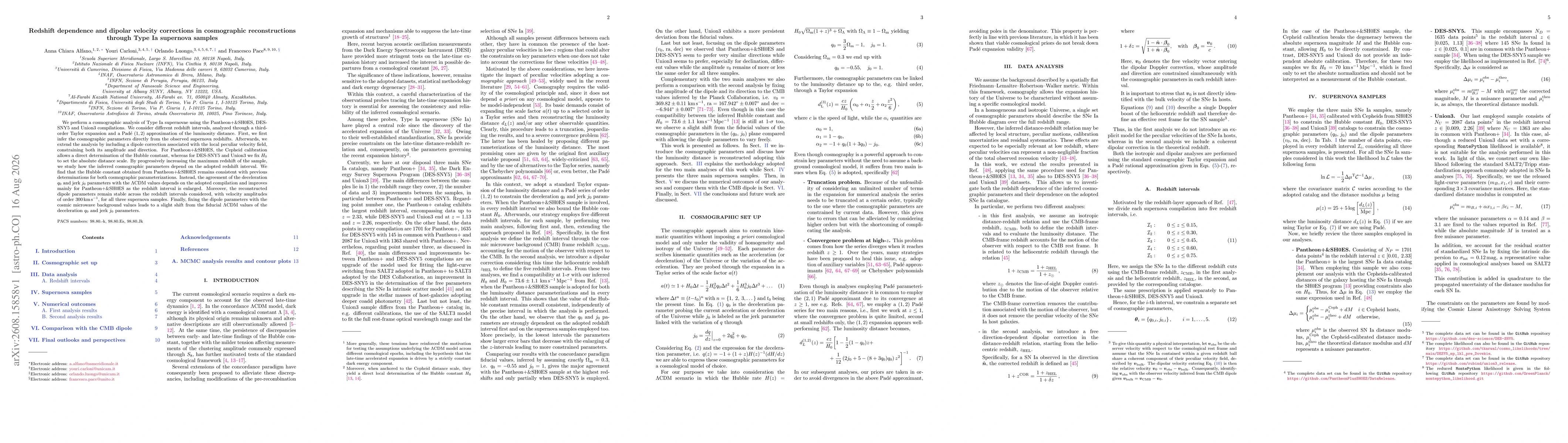 Thumbnail for Redshift dependence and dipolar velocity corrections in cosmographic reconstructions through Type Ia supernova samples