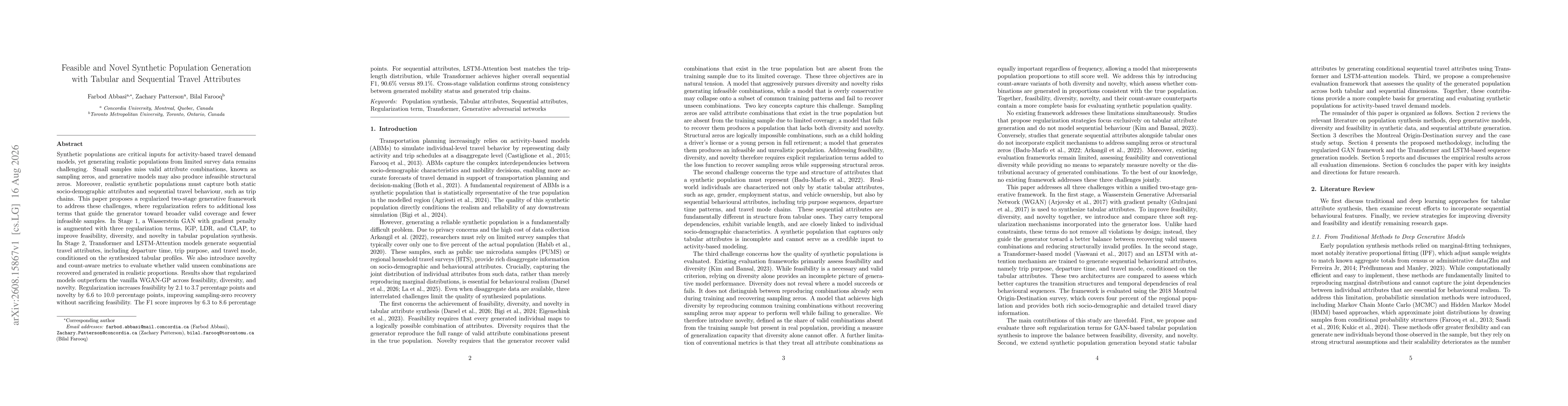 Thumbnail for Feasible and Novel Synthetic Population Generation with Tabular and Sequential Travel Attributes