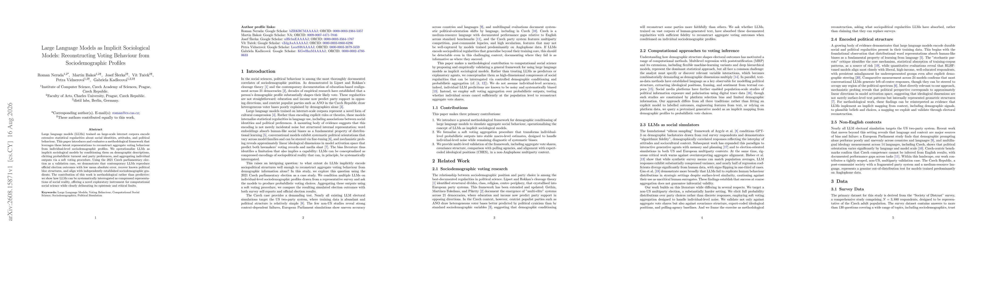 Thumbnail for Large Language Models as Implicit Sociological Models: Reconstructing Voting Behaviour from Sociodemographic Profiles