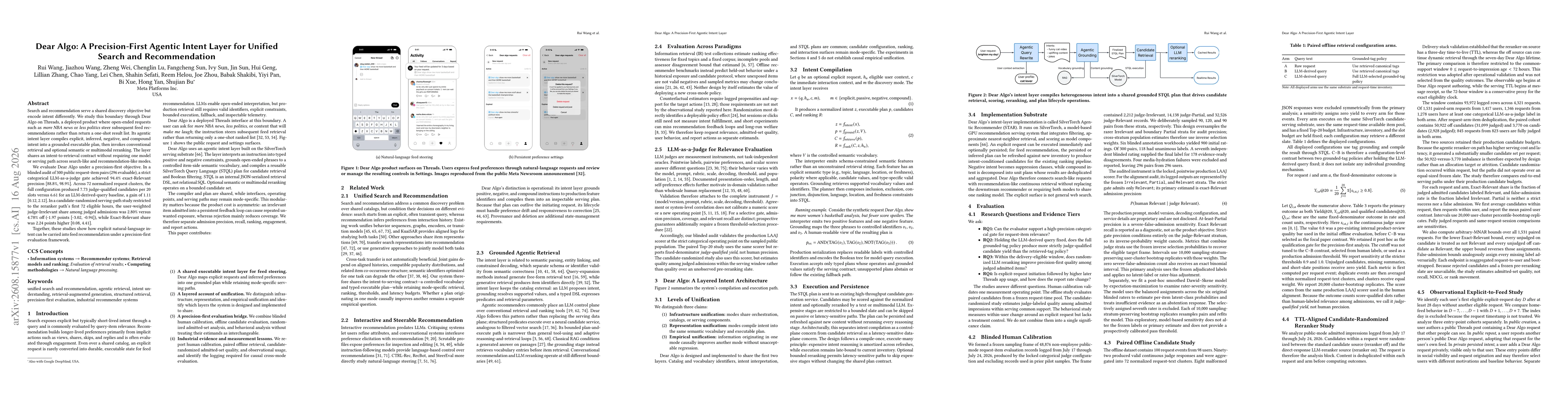 Thumbnail for Dear Algo: A Precision-First Agentic Intent Layer for Unified Search and Recommendation