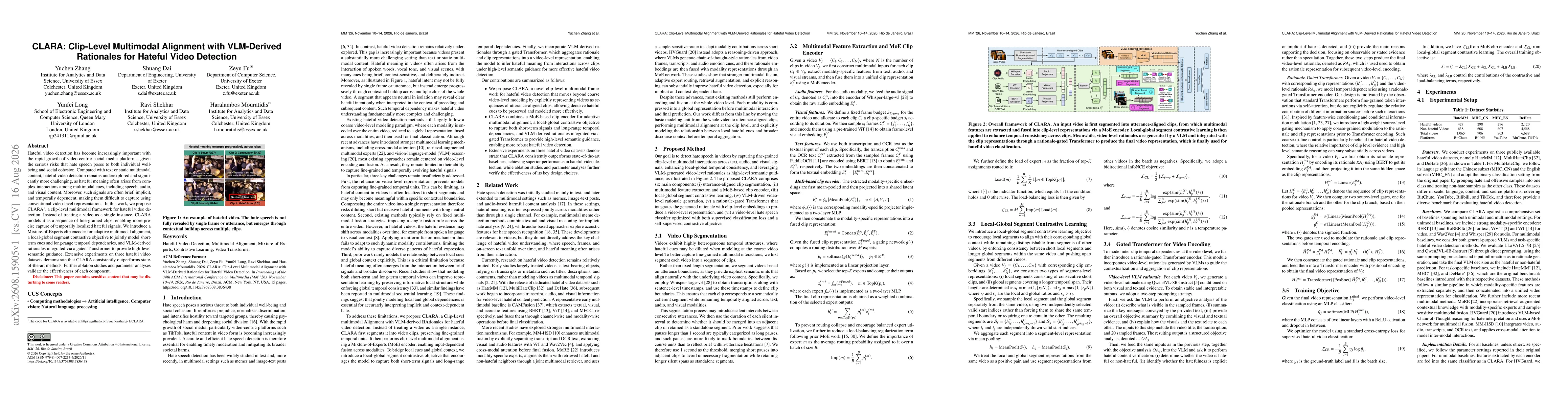 Thumbnail for CLARA: Clip-Level Multimodal Alignment with VLM-Derived Rationales for Hateful Video Detection