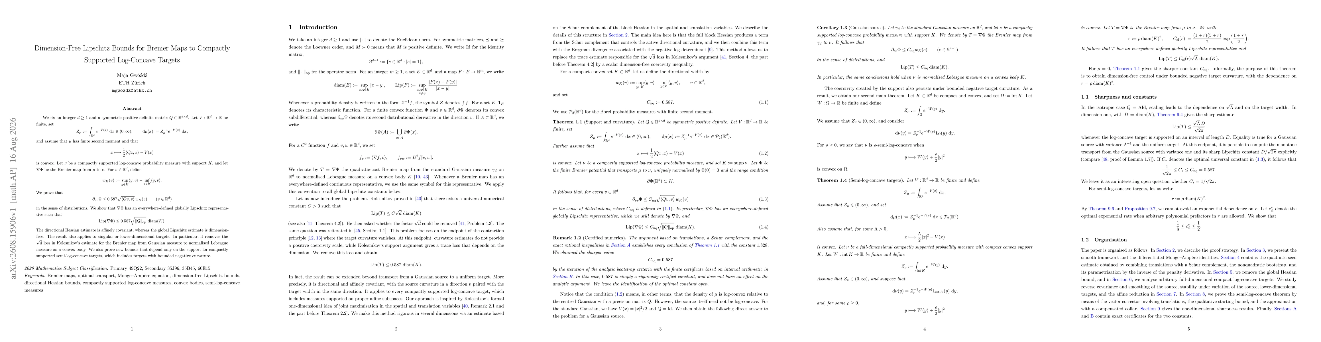 Thumbnail for Dimension-Free Lipschitz Bounds for Brenier Maps to Compactly Supported Log-Concave Targets