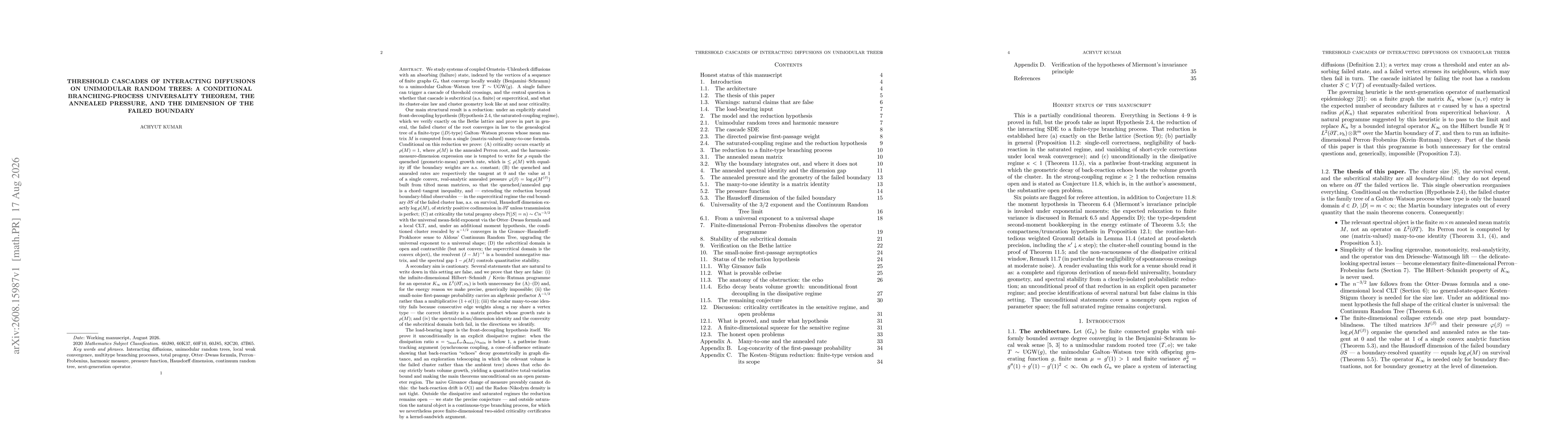 Thumbnail for Threshold cascades of interacting diffusions on unimodular random trees: a conditional branching-process universality theorem, the annealed pressure, and the dimension of the failed boundary