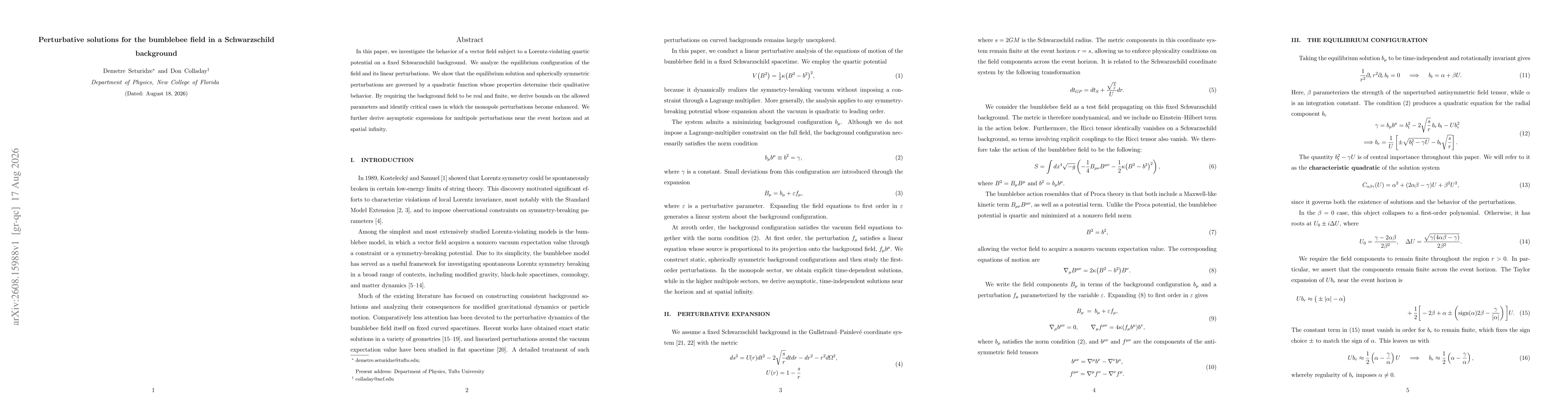 Thumbnail for Perturbative solutions for the bumblebee field in a Schwarzschild background