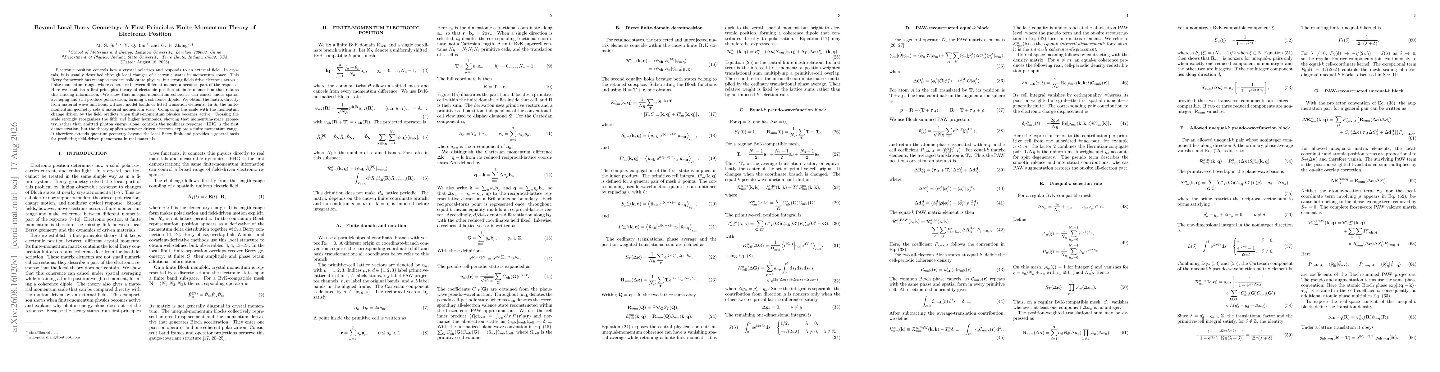 Thumbnail for Beyond Local Berry Geometry: A First-Principles Finite-Momentum Theory of Electronic Position