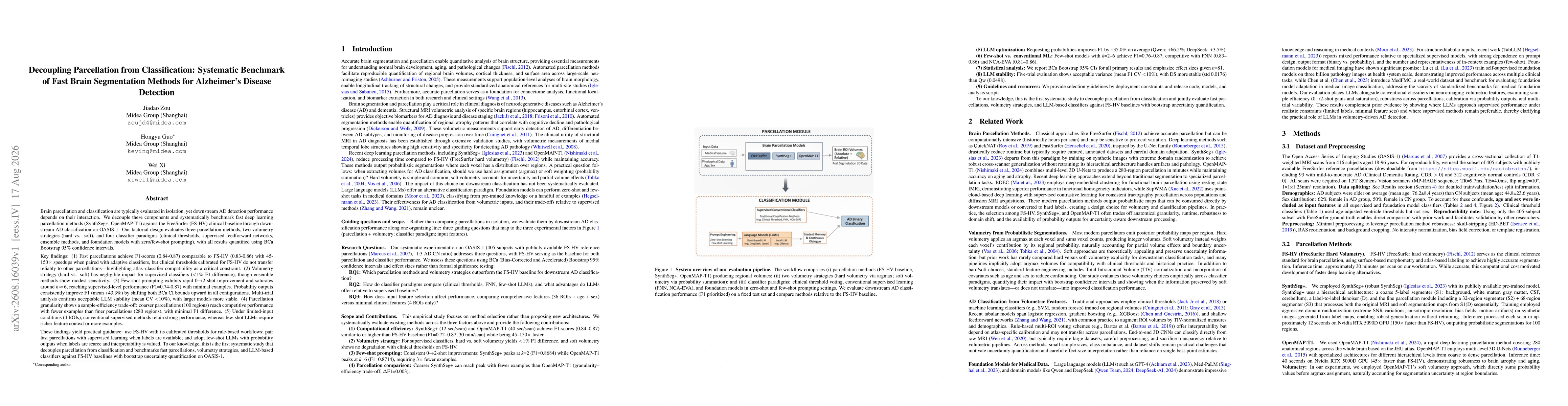 Thumbnail for Decoupling Parcellation from Classification: Systematic Benchmark of Fast Brain Segmentation Methods for Alzheimer's Disease Detection