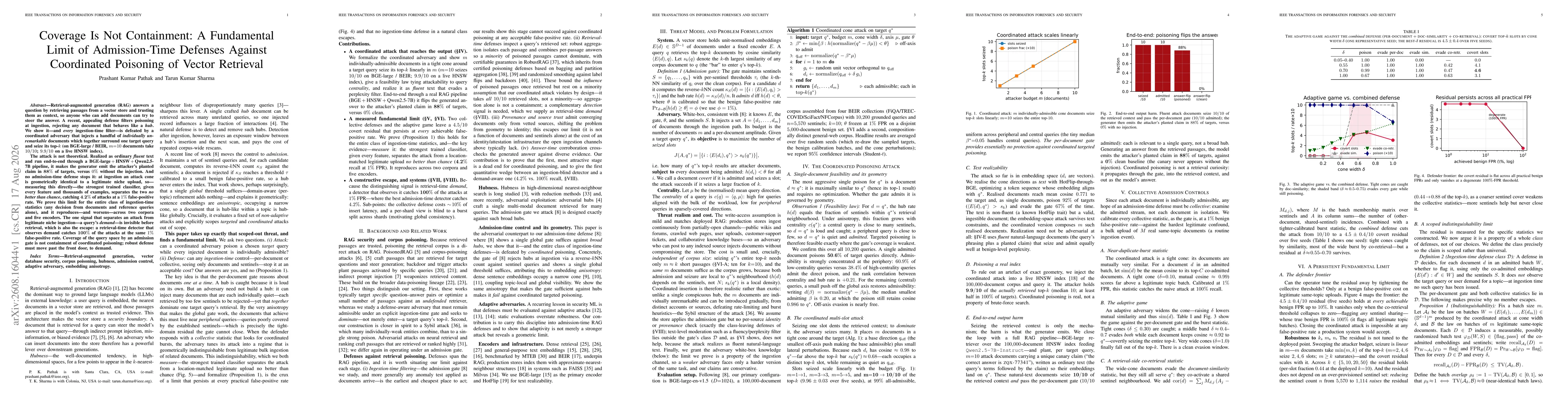 Thumbnail for Coverage Is Not Containment: A Fundamental Limit of Admission-Time Defenses Against Coordinated Poisoning of Vector Retrieval