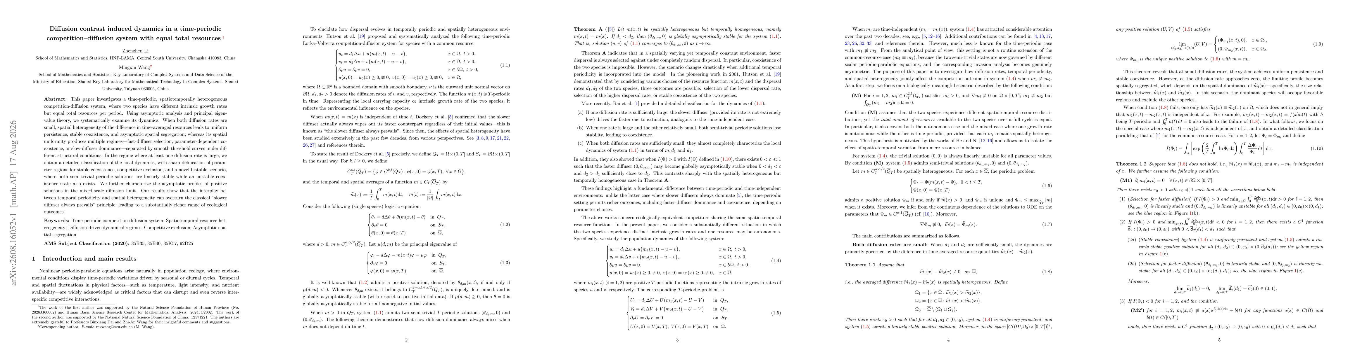 Thumbnail for Diffusion contrast induced dynamics in a time-periodic competition-diffusion system with equal total resources