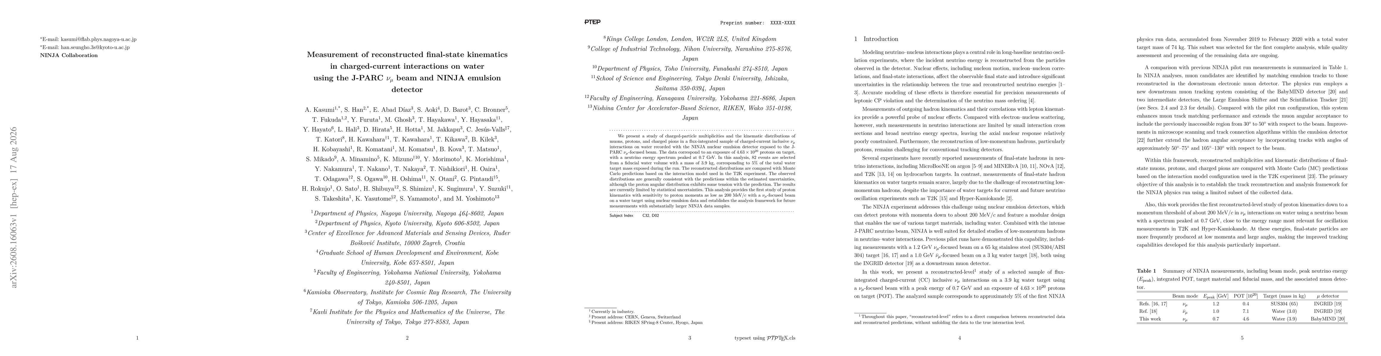 Thumbnail for Measurement of reconstructed final-state kinematics in charged-current interactions on water using the J-PARC $ν_μ$ beam and NINJA emulsion detector