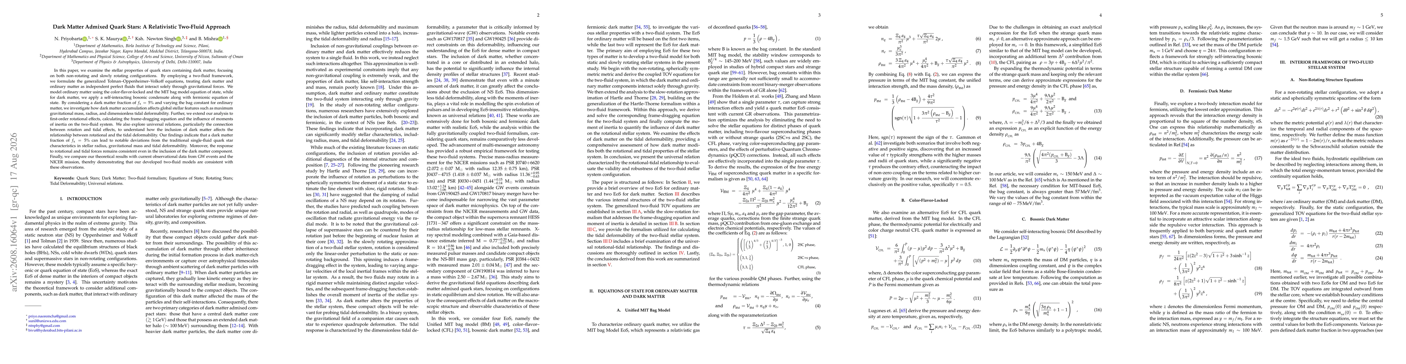 Thumbnail for Dark Matter Admixed Quark Stars: A Relativistic Two-Fluid Approach