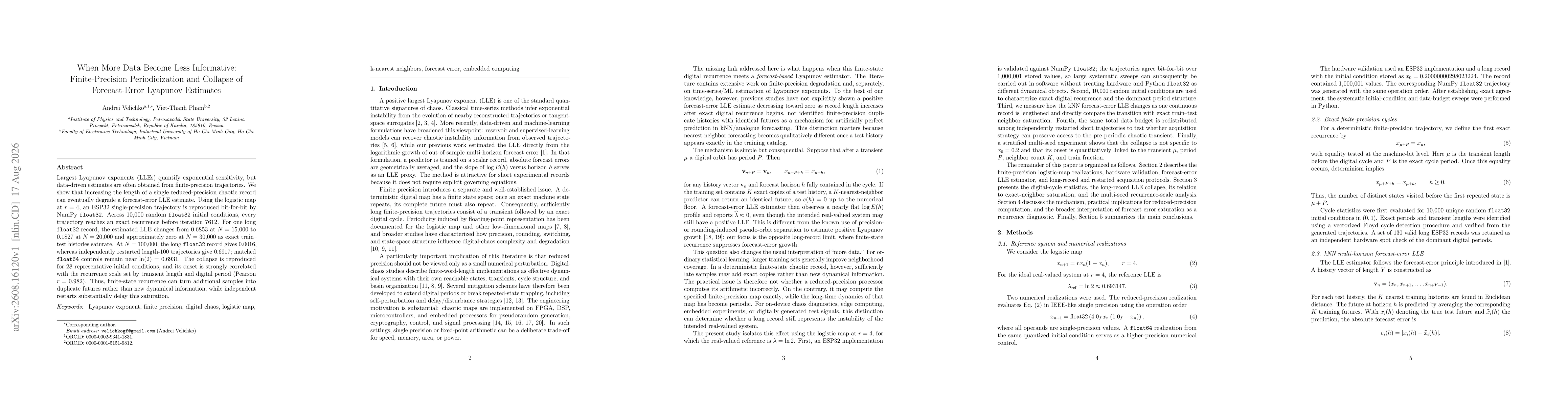 Thumbnail for When More Data Become Less Informative: Finite-Precision Periodicization and Collapse of Forecast-Error Lyapunov Estimates